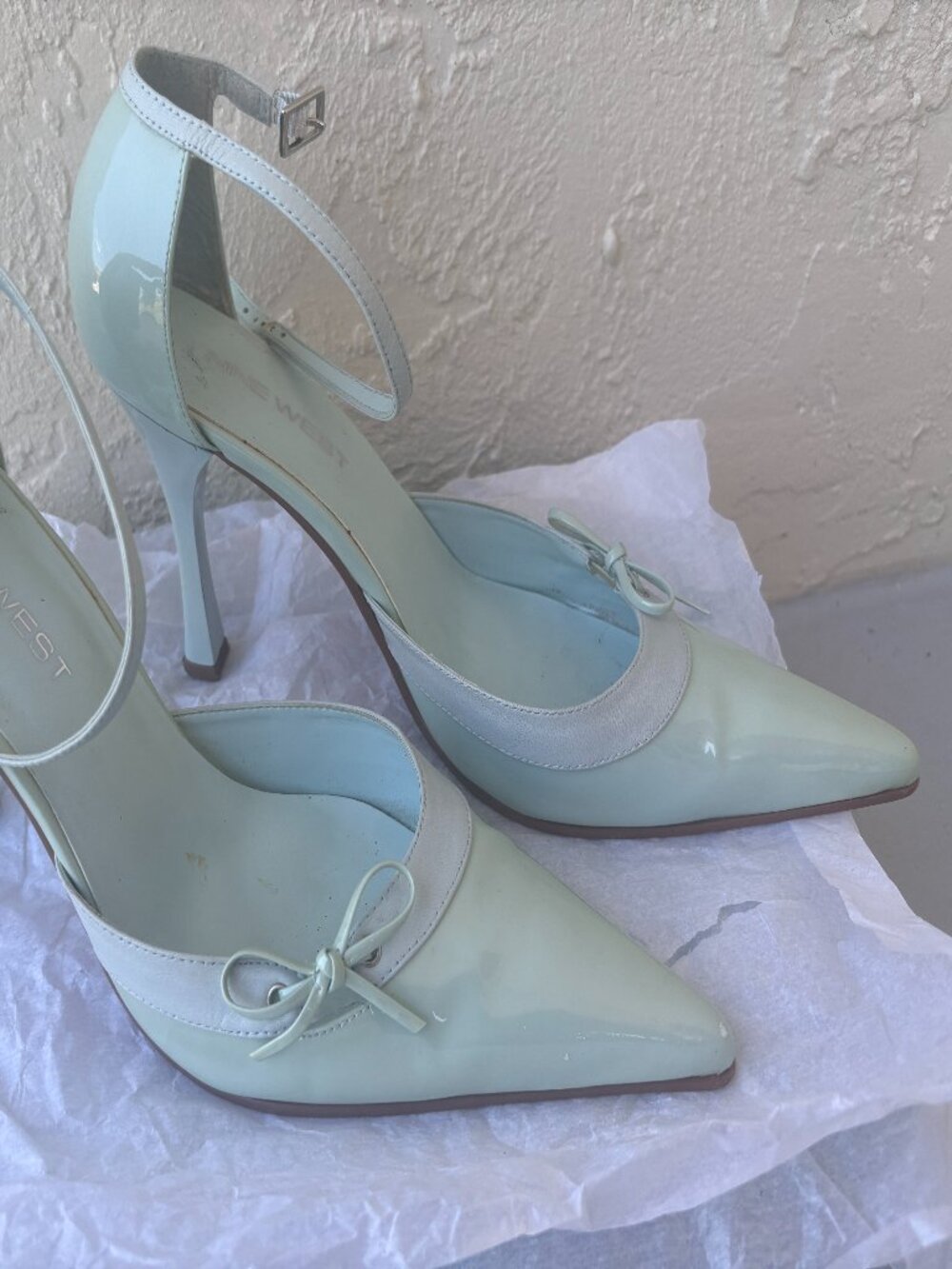 Nine West Ginatao Leather Pointed Toe Ankle Strap Heels Blue Green Sz 8.5 M Y2K